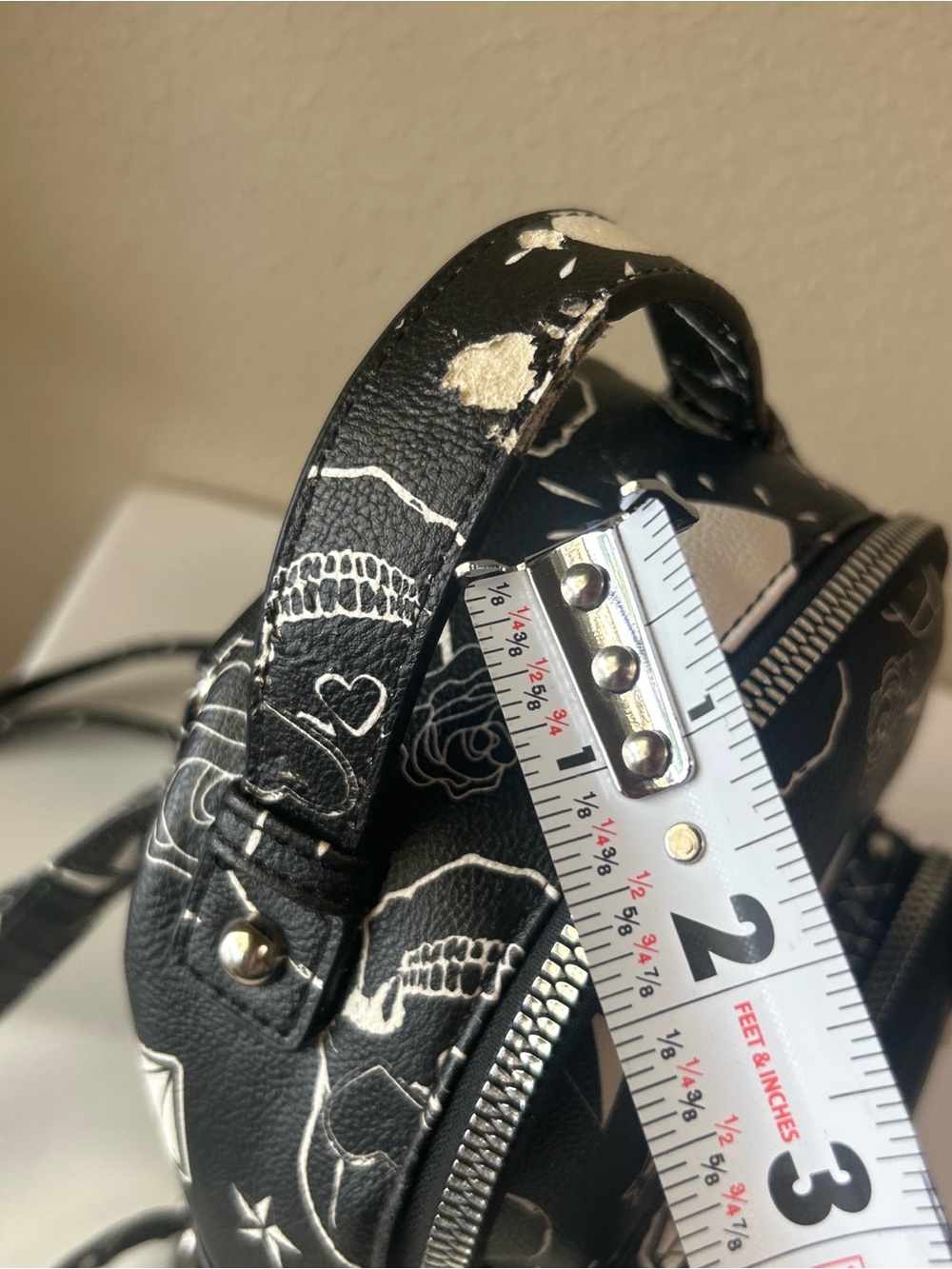 Betsey Johnson Bulldog skull tattoo print mini back pack. Damage on the handle - Picture 7 of 7